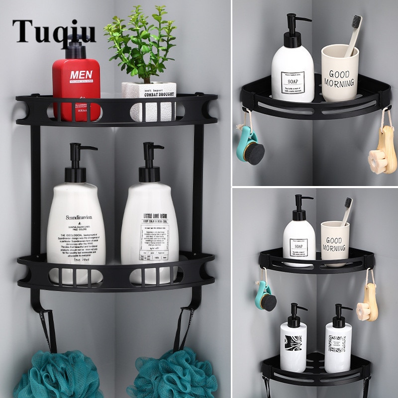 Étagère d'angle murale en aluminium noir, pour salle de bain, douche, bain, porte-shampoing, panier, étagère d'angle