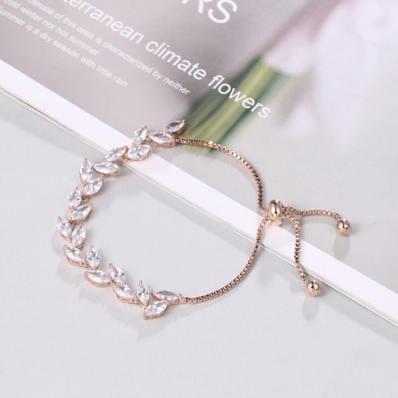 Rose Gold Color Plated Marquise Leaf Cubic Zirconia Adjustable Bracelets for Women or Bridal