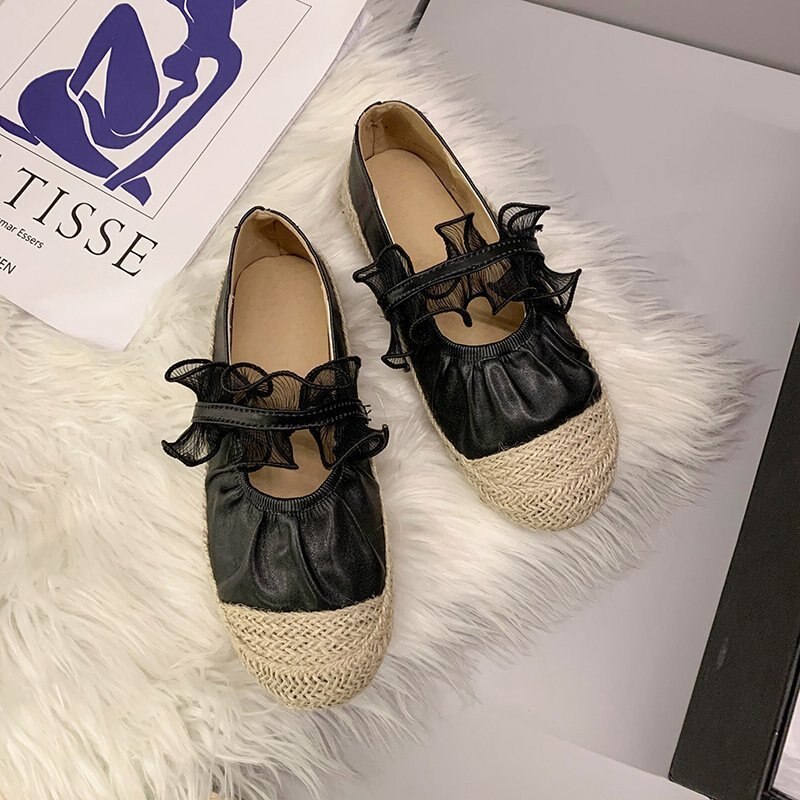 Hemp knitted cover toe flats pleated ballet shoes women preppy patchwork loafers lacework elastic band ballerina espadrilles 42: Black / 38