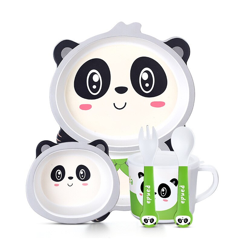 Baby Bamboe Kom + Lepel + Vork Feeding Servies Set Cartoon Aniaml Bee Kid Gerechten Bamboe Voeden Kom Diner plaat: panda