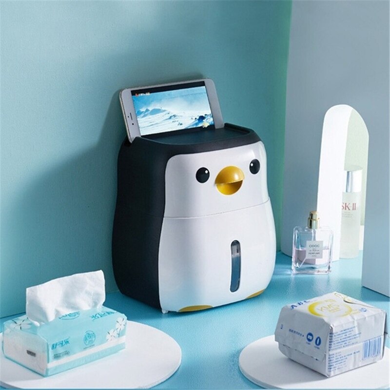 1Piece Penguin Shape Wall-mounted Toilet Roll Paper Holder Phone Tissue Drawer Storage Box Home Bathroom Supplies