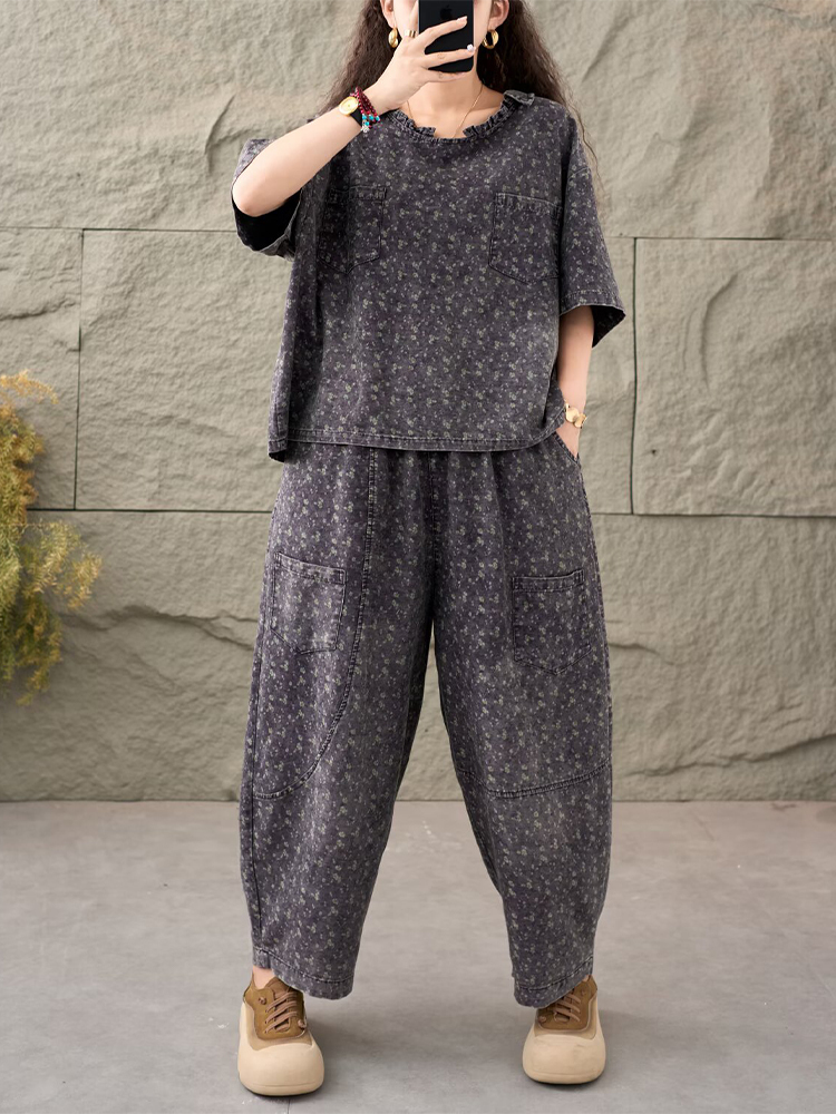 AmaxluluE, trajes vaqueros estampados de verano para mujer, conjuntos de 2 piezas florales sueltos, conjunto de , Tops con cuello redondo, camisetas, pantalones vaqueros informales, pantalones clásicos: Gris oscuro