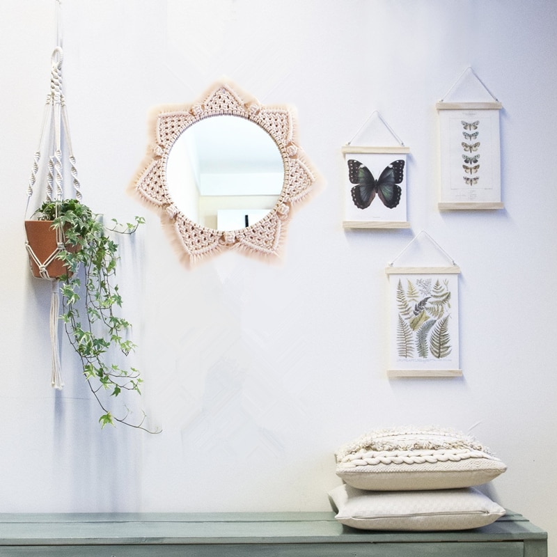 Macramé, espejos colgantes de pared Ins, espejos nórdicos hechos a mano, tapiz de pared, porche de casa, espejos para el hogar, maquillaje, cuarto de baño