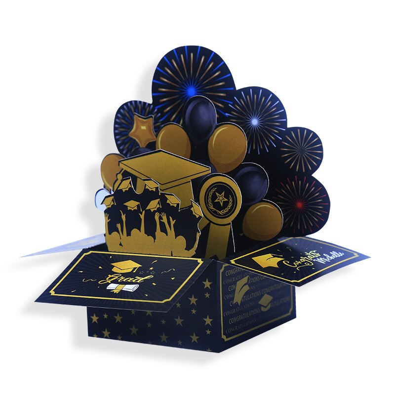 Black Gold 3D Graduation Box Decoration Souvenir Paper Pop-up Greeting Card With Envelope For Graduation Season