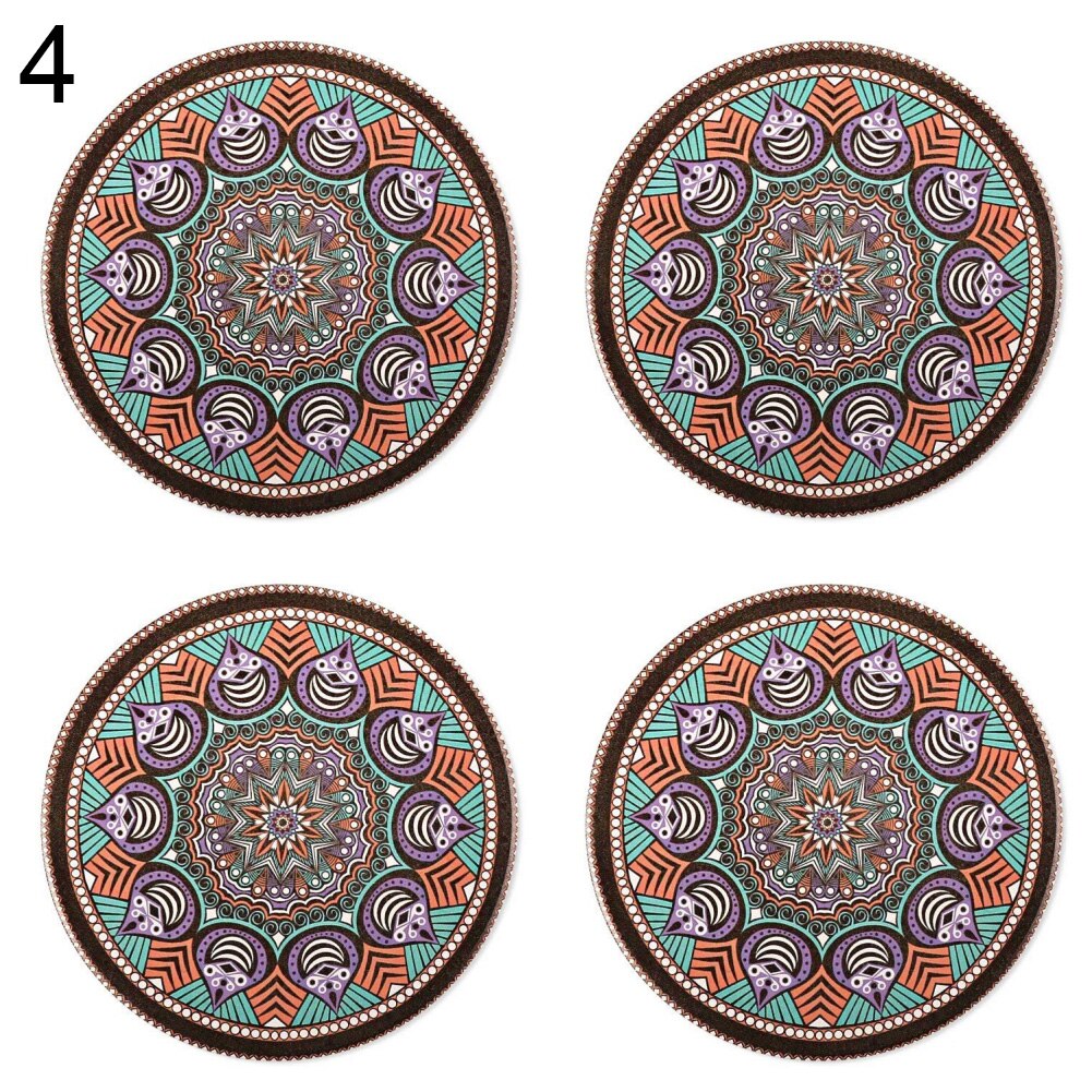 4 stk runde, absorberende keramiske steintrykte underlegg med korkrygg i bohemsk stil varmebestandig kopp-underlegg matt kopp glasspute: Kaffe