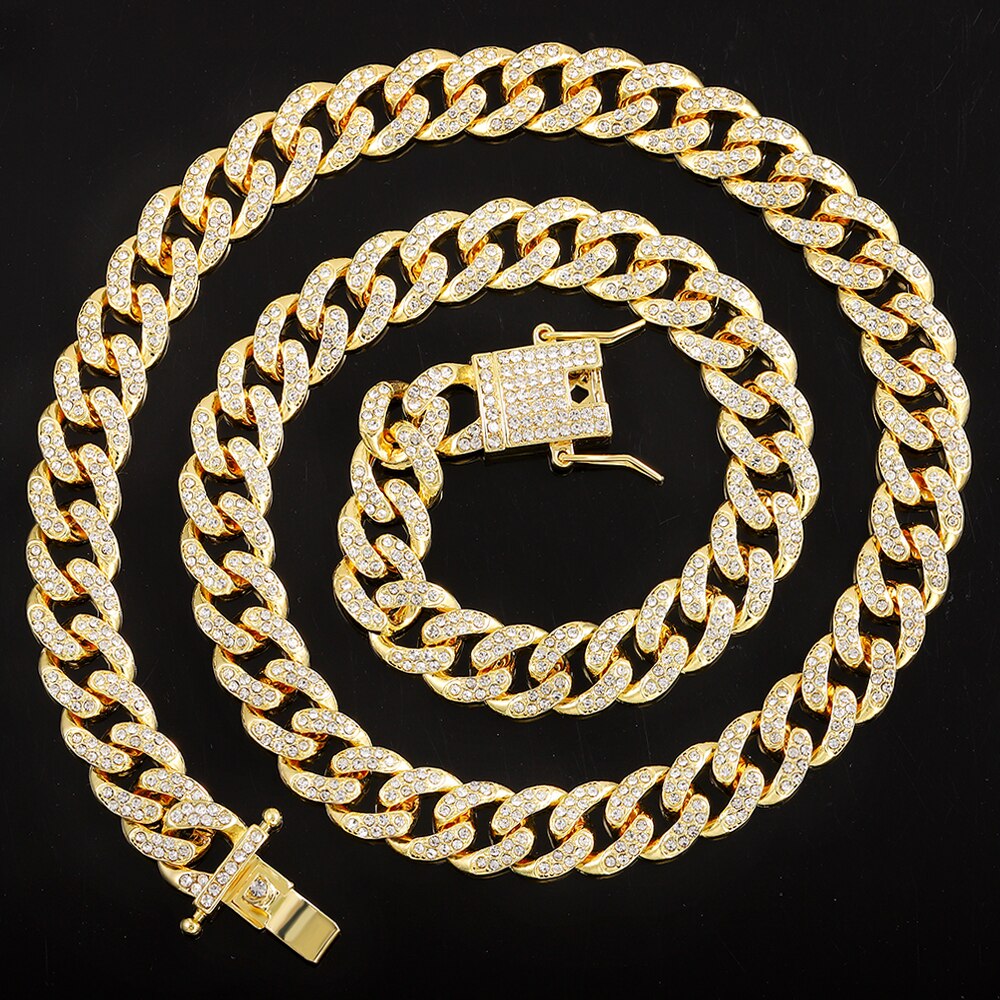 Men Hip hop Iced Out Bling Bling Chain Men 13mm width Miami Cuban Chain HipHop Necklaces Charm Jewelry: gold / 8inch bracelet