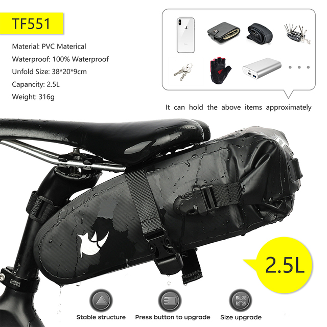 Rhinowalk Fahrrad Sattel Tasche 1,5 L 2,5 L Voll Wasserdicht Radfahren Sitz Tasche MTB Straße Reparatur Werkzeuge Tasche Fahrrad Schwanz Pack Zubehör: TF551-Schwarz-2.5L