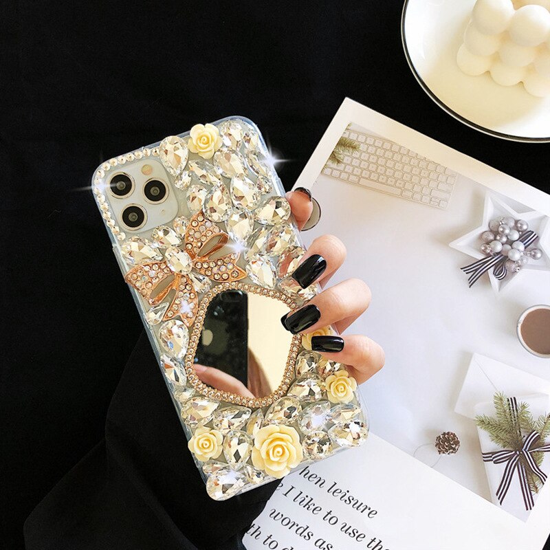 Suitable for IPhone 11/12promax 7/8plus Rhinestone Makeup Mirror Bow Case for IPhone XSmax XR XS X Protective Sleeve