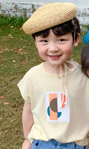 Sommer barn geometri trykt ermeløse vester gutter jenter casual all-match t-skjorter 1-7y: Beige / 2t