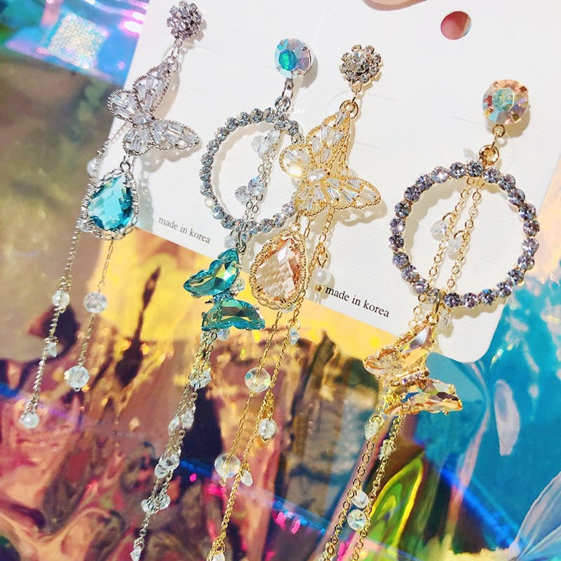 Mengjiqiao Koreaanse Elegante Metalen Vlinder Kristal Oorbellen Voor Vrouwen Meisjes Asymmetrische Pendientes Sieraden