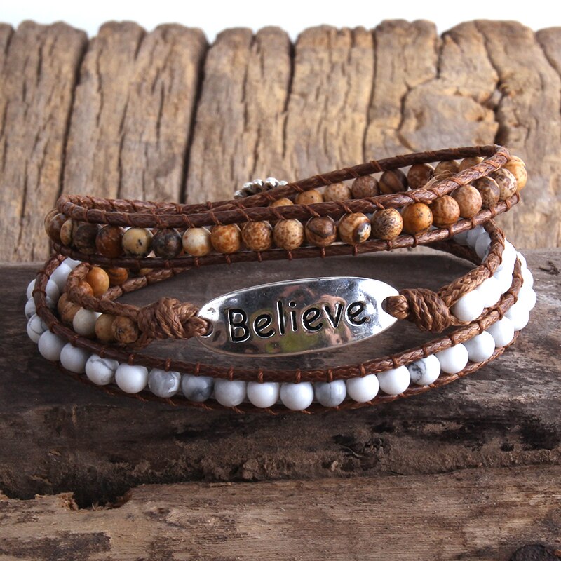 MD Boho Bracelet Armbander Believe Metal Charm Natural Stones 3 Strands Woven Wrap Bracelets: Antique Silver Plated