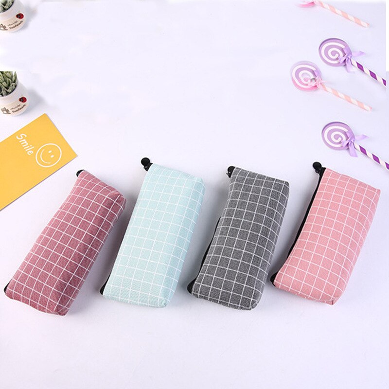 simple pencil case canvas small plaid pen case school pencil case small object storage bag stationery bag