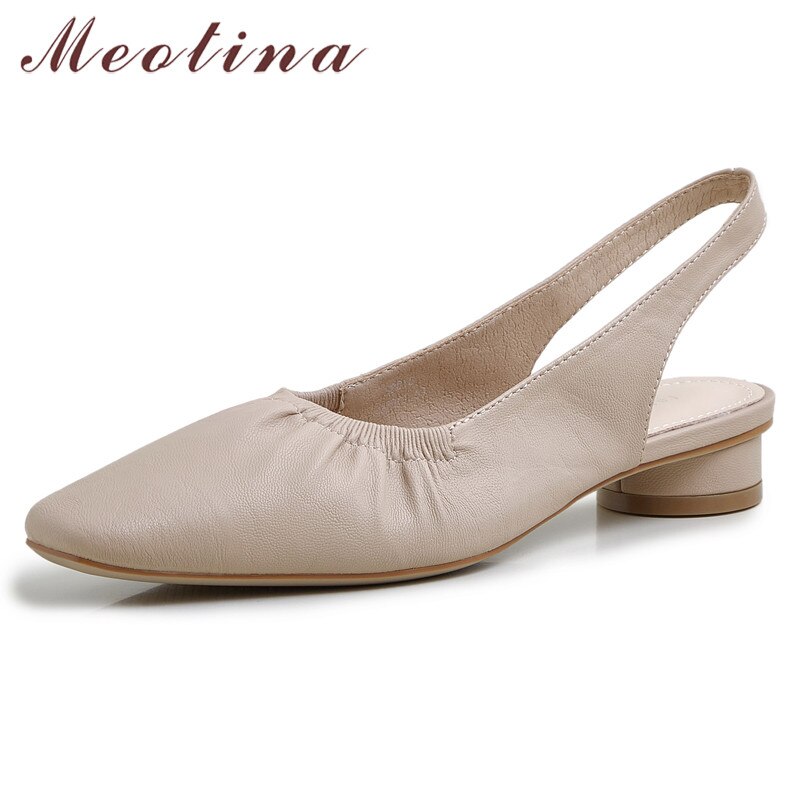 Meotina kvinnor pumps veckade lågklackade slingbacks skor fyrkantig tå blockklackar klänning kvinnliga skor sommar aprikos beige 34-39
