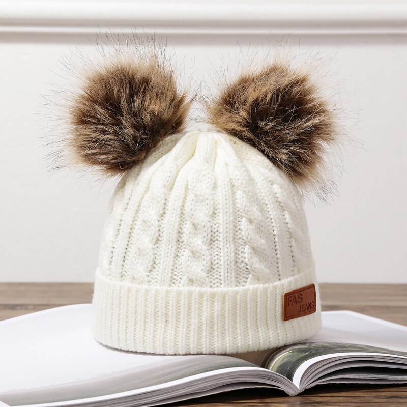 Winter Hat For Girls Baby Boys Pom Poms Hat Children Knitted Beanies Thick Baby Hat Infant Toddler Warm Cap: White