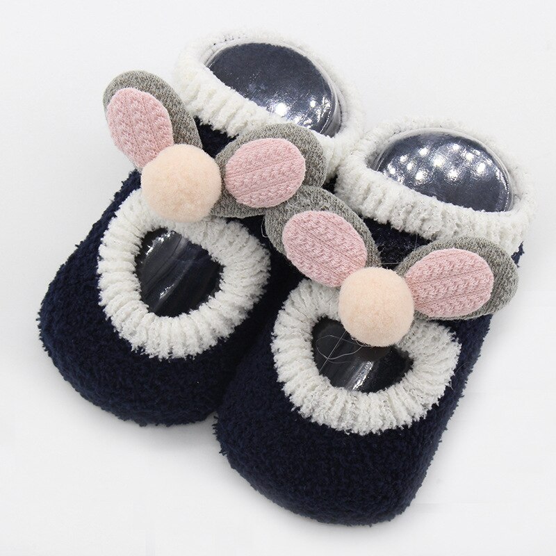 Doux dessin animé -né bébé chaussettes pour garçon fille corail velours bébé chaussettes hiver anti-dérapant tapis chaussettes infantile chaussettes: navy blue