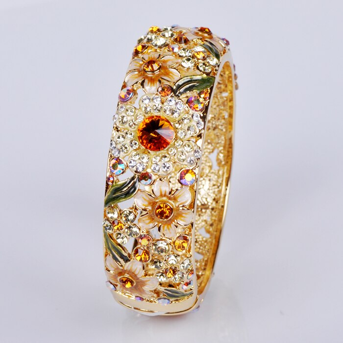 Cloisonné Bracelet - 18KGP Women's Jewelry - Double-Sided Crystal Flower - Full Circle Trendy Bangle