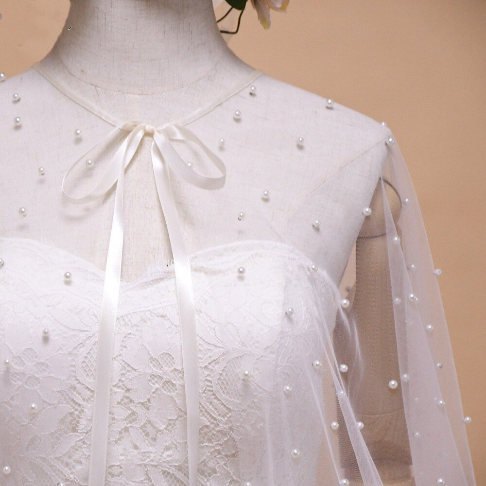 Janevini Elegante Parels Bruid Bolero Ivoor Beach Wedding Sjaals En Wraps Tulle Jassen Voor Bridal Party Vrouwen Cape Mariee
