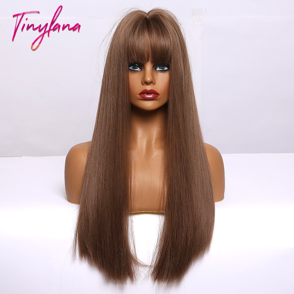 sehr klein LANA Synthetische Haar Perücken mit Pony Lange Gerade Dunkelbraun Perücken für Frauen afro Hohe Temperatur Faser Cosplay Partei perücken