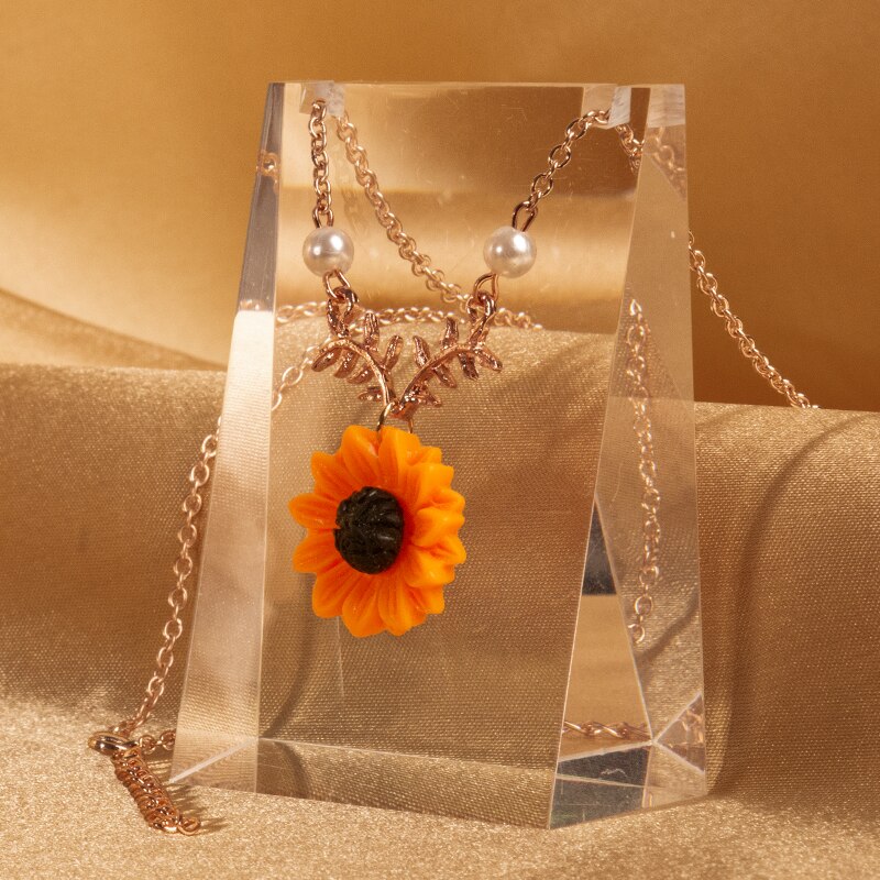 Muzhi Mode Eenvoudige Zonnebloem Hanger Ketting Voor Vrouwen Leaf Pearl Gold Choker Ketting Leuke Meisje Verjaardag Sieraden: rose gold
