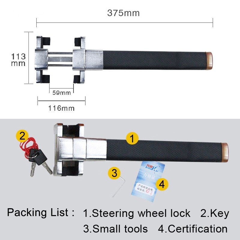 BK-T308 Universal Vehicle Locking Car Security Anti-Theft Steering Wheel Lock with 2 Keys Auto Safe Anti-Theft Tools