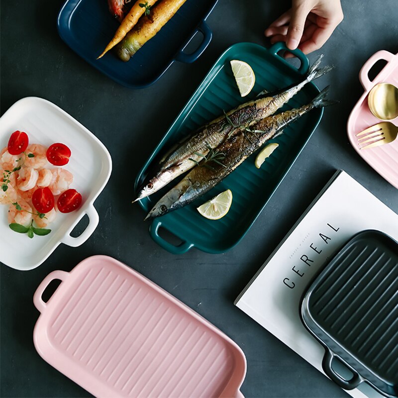 Nordic Ceramic Plate Rectangular Ceramic Plate with Handle Matte Satin Chassis Oven Baking Pan Western Roasted Wing Pan