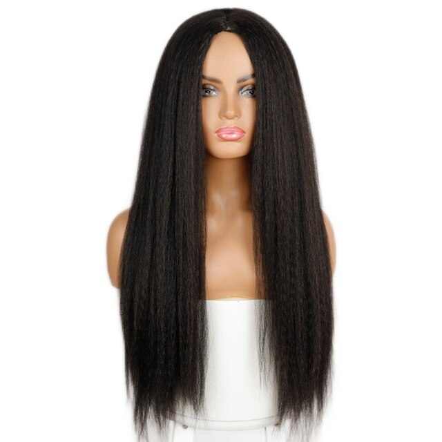 LINGHANG-peluca recta Yaki sintética para mujer afroamericana, pelo largo de 30 pulgadas, parte lateral, sin flequillo: 2