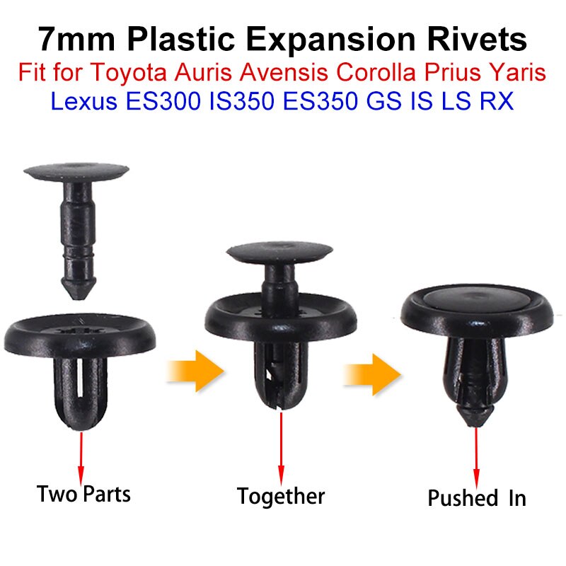 50 stk 7mm plastnagler klips for toyota avensis corolla prius yaris lexus  es300 es350 bilmotor under deksel holder trykstift