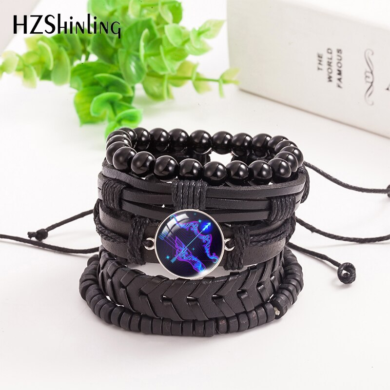 12 Zodiac Signs Leather Bracelet 5pcs/set Leo Cancer Aries Men's Bracelets Glass Dome Jewelry Handmade: 11