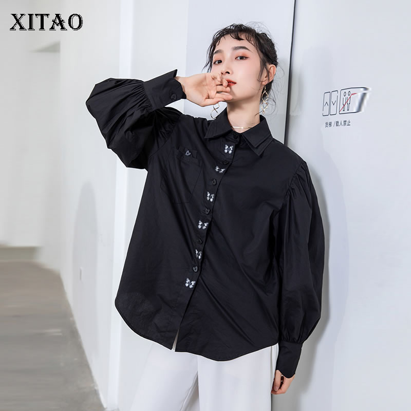 XITAO-Blusa holgada de otoño para mujer, camisa negra con bordado de mariposa, de talla grande, XJ4984