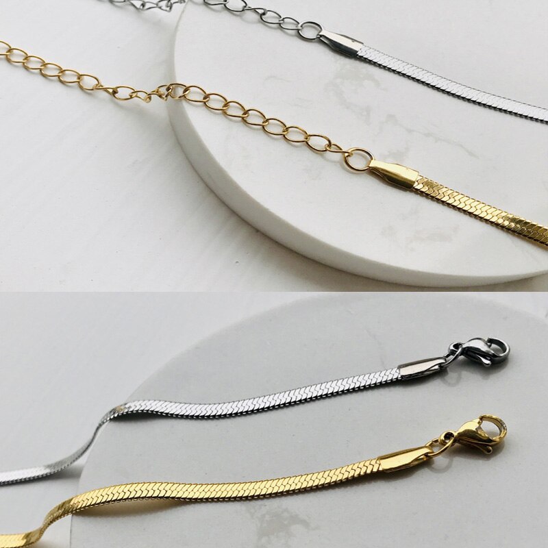 Collar con cadena de serpiente de mujer, gargantilla de acero inoxidable, Color dorado y plateado, Gargantilla plana de espiga para niña de 4mm