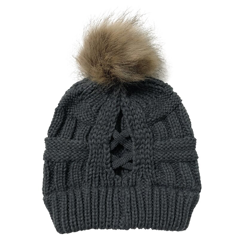 Dames wollen muts, muts met ronde kop, accessoires, gebreide muts, hoofddeksel, kruismuts, hoofddoek, haarbal, elastisch, winterwarm: Donkergrijs