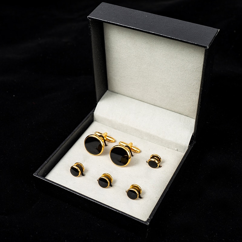 Luxury Gold Tuxedo Cufflinks and Studs Set Black Enamel Round Cuff Button Set For Mens Suit French Shirt Business