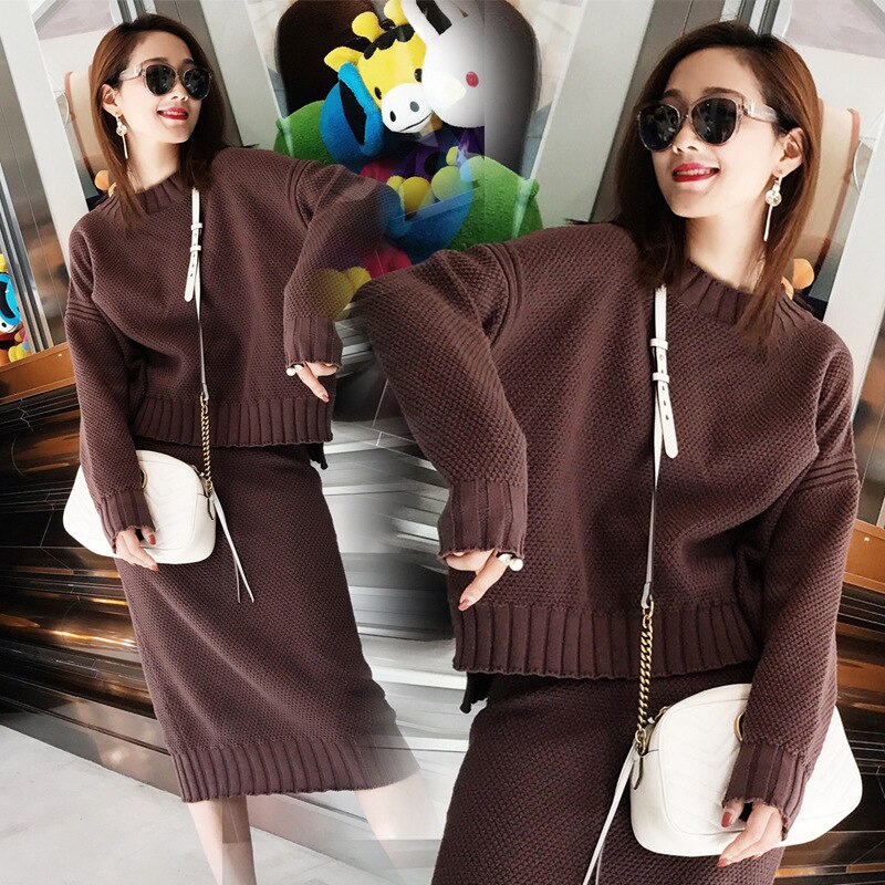 Women Solid Sweater and Skirt two Piece Set Female Loose Long Sleeve Knitted Pullovers Skirt Suits 2 piece sets womens outfits