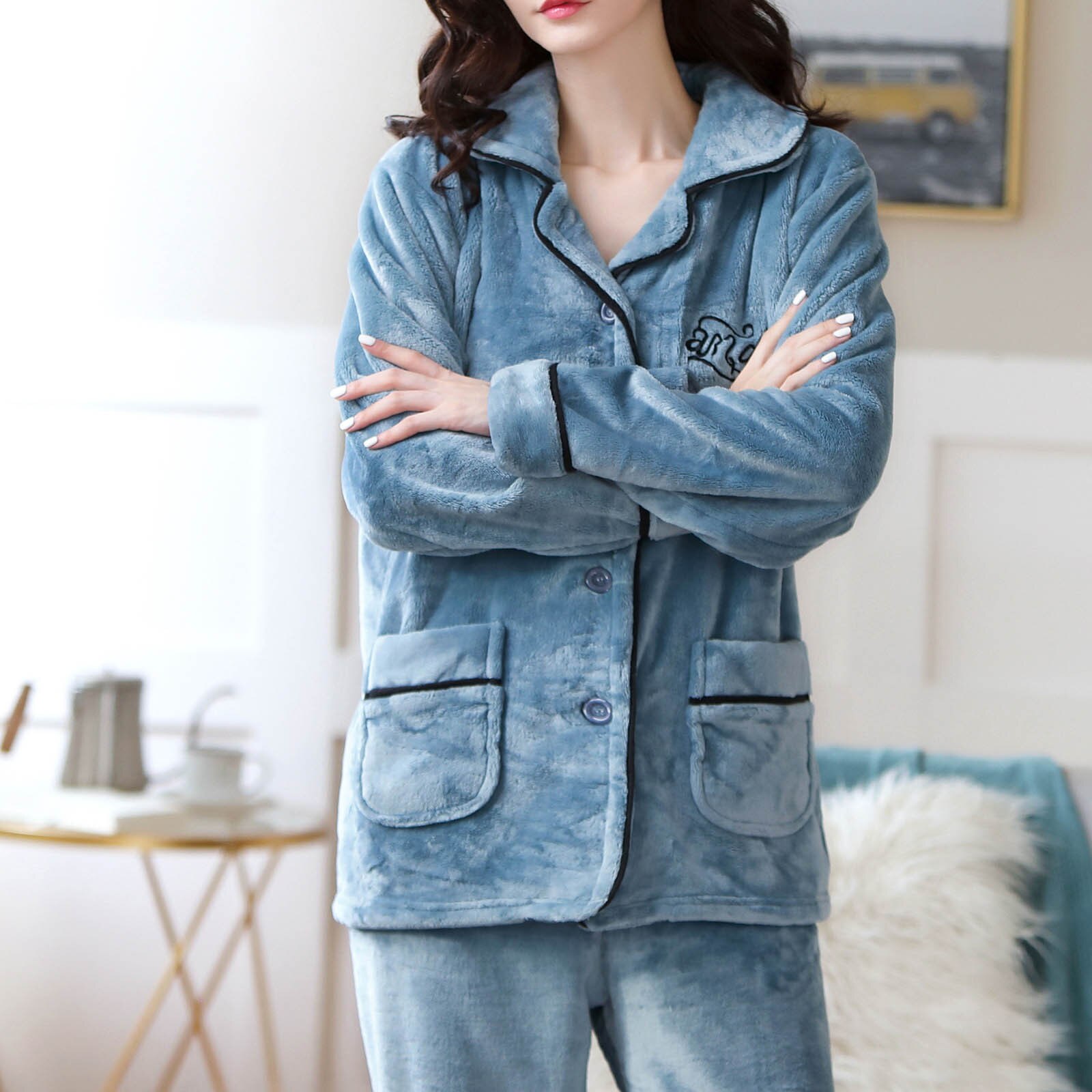 Ladies Casual Flannel Solid Letter Print Pockets Girls Long Sleeves Long Pants Pajamas Suits Odziez Domowa Dla Kobiet