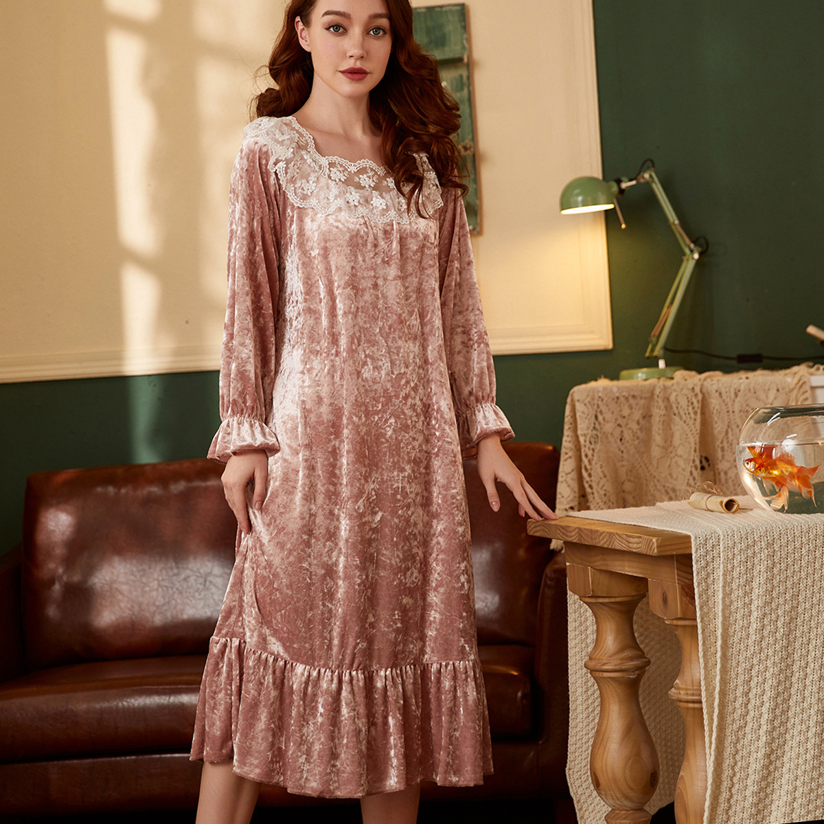 Herfst Winter Sexy Lingerie Set Fluwelen Nachtkleding Nachtkleding Pijama Mujer Kant Vrouwelijke Elegante Meisjes Homewear Prinses Nachthemd: S