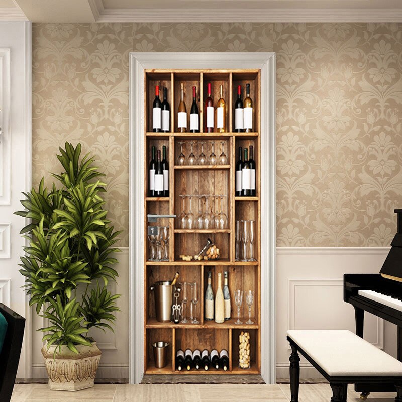 Retro Wine Rack Door Sticker Self Adhesive Vinyl Wardrobe Sticker Kitchen Fridge Decoration Decal Home Decor Mural Wall Poster