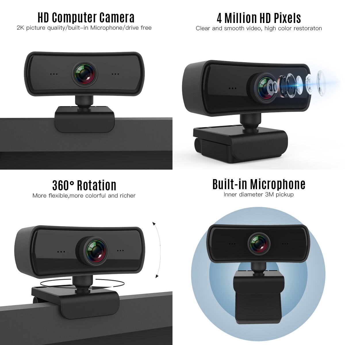 1080P HD Computer Camera Video Conference Camera Webcam 2K Resolution Auto Focus 360° Rotation H.264 Video Compression