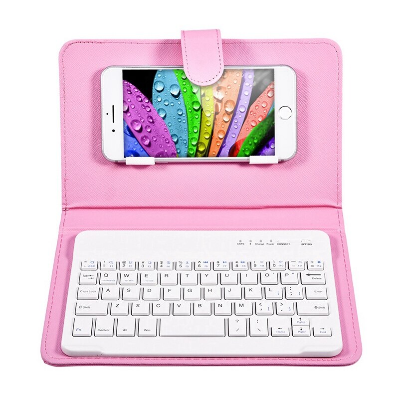 Wireless Bluetooth Keyboard Case Leather Stand Cover for IPhone Android Phones: Pink