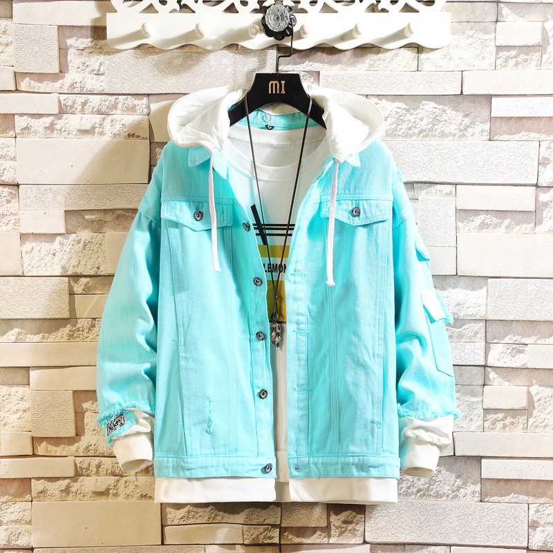 Pink Black Green Jeans Jacket Men Slim Streetwear Ripped Denim Jacket Hoodie Men Hip Hop Bomber Jacket Homme Autumn: Turquoise / S