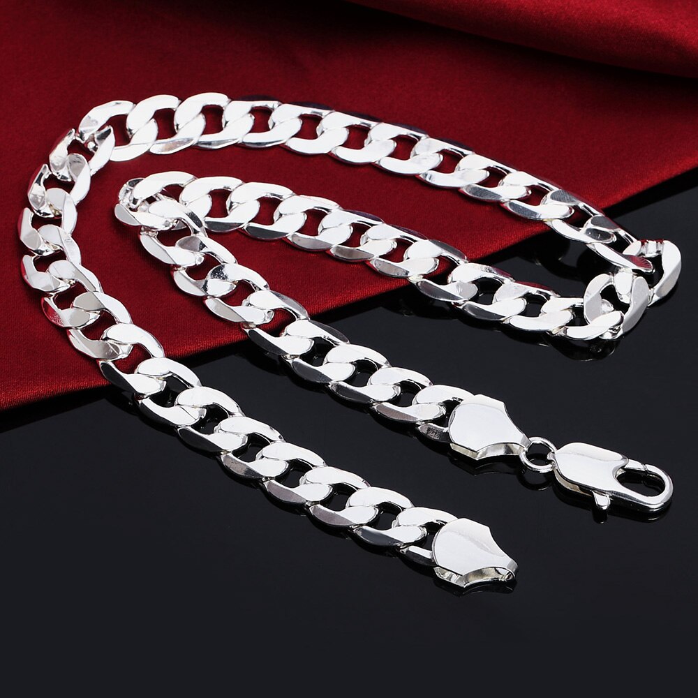 BAYTTLING 925 Plata 18/20/22/24/26/28/30 pulgadas 12MM laterales completos Cuba collar de cadena para los hombres y las mujeres joyería de