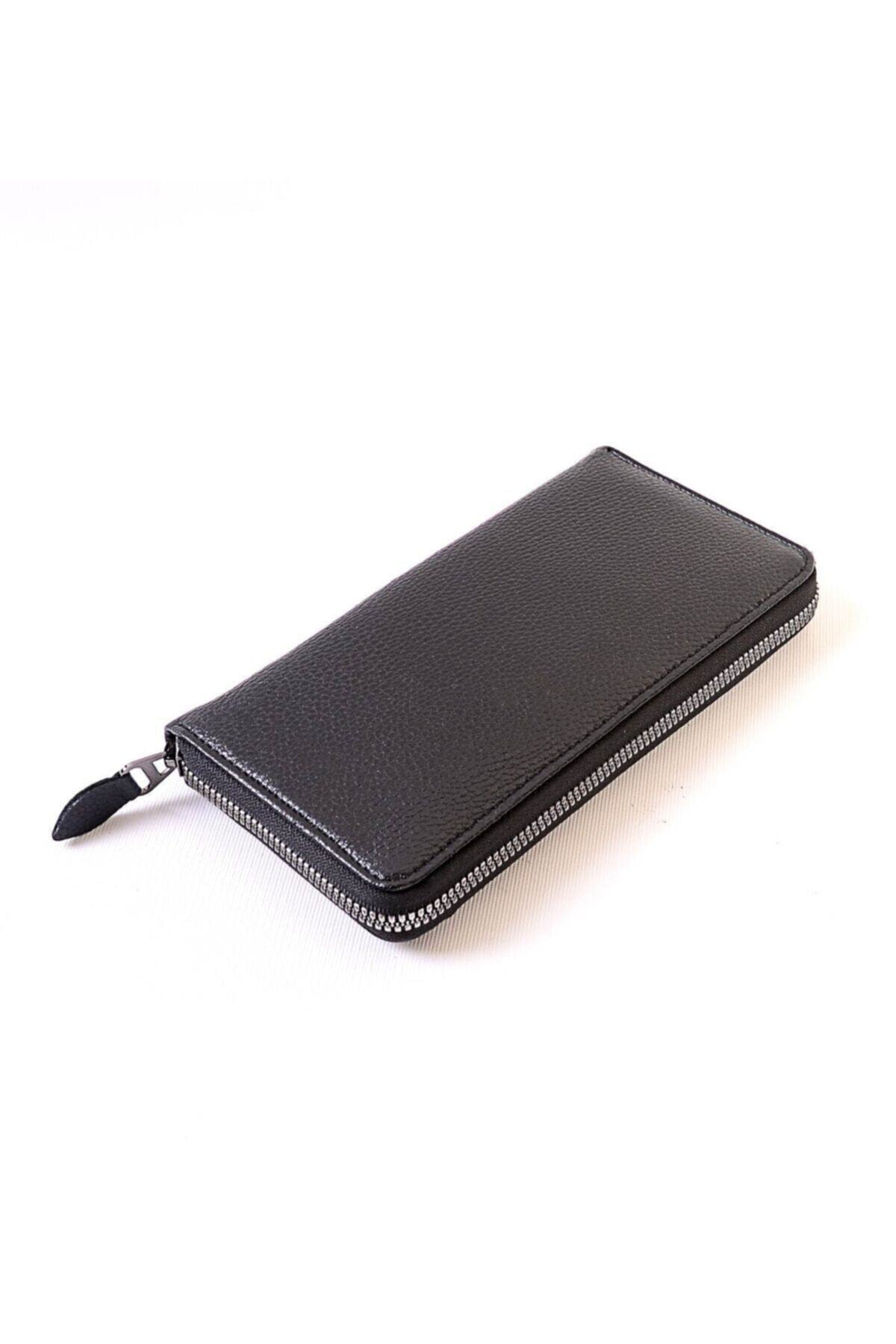 Leather Men's Wallet Unisex Credit Card Holder Phone Bag Organizator Passport Purse For Men Women's With Zipper Black Gray Sarı: Black