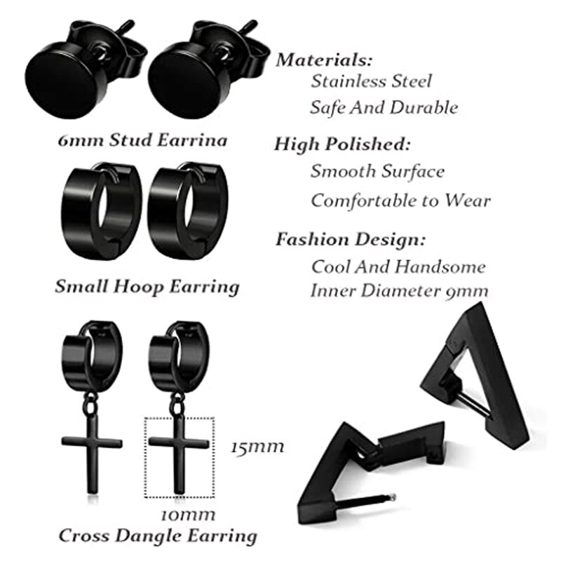 9 Pairs of Stainless Steel Stud Earrings Huggie Hoop Earrings Women&#39;s Men&#39;s Black Cross Punk Style Gothic Earring Set