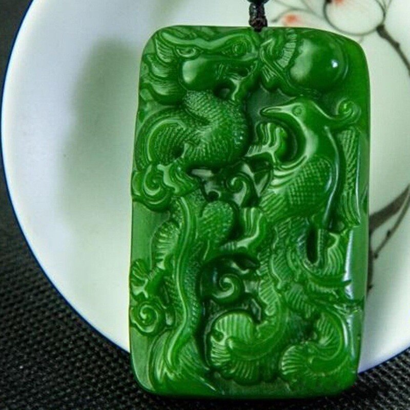 Natural Green Hand Carved Longfeng Jade Pendant Jewelry Men&#39;s and Women&#39;s Longfeng Chengxiang Necklace