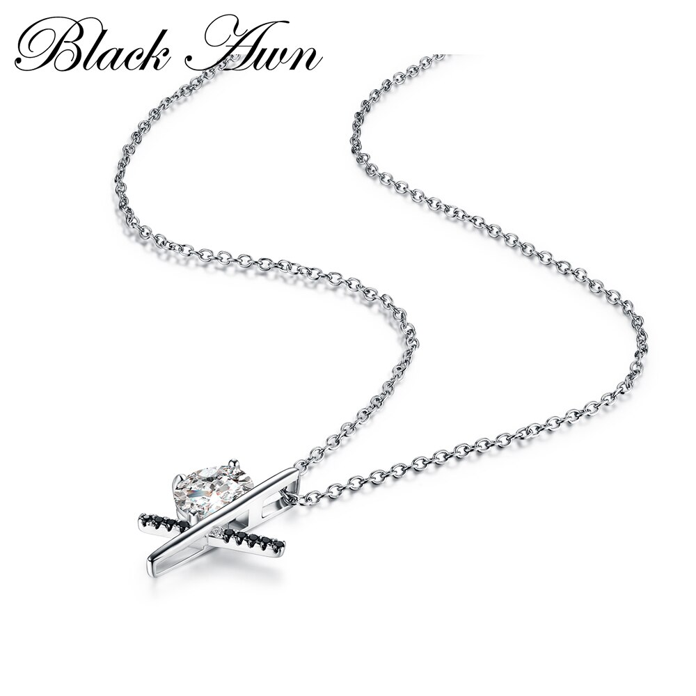 Romantic 925 Sterling Silver Fine Jewelry Necklaces Pendants Women Trendy Black&White Stone "X" Bijoux Necklace P037