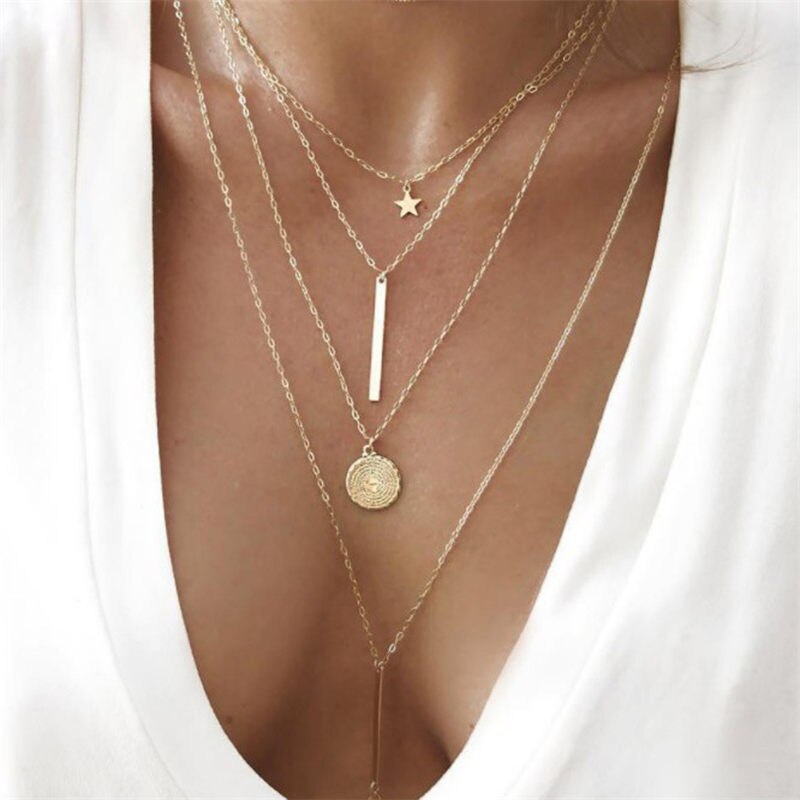 fuyo Crystal Bohemian Multi Layer Pendant Necklaces For Women Golden Geometric Charm Chains Necklace Jewelry Best: star coin