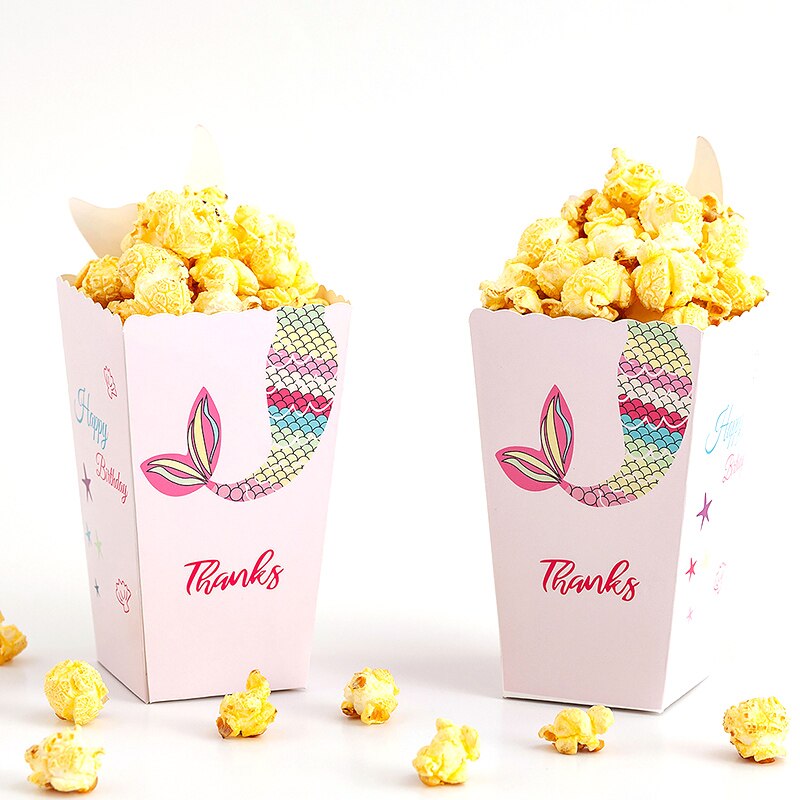 6/5 st lila grön sjöjungfru popcorn lådor godispåsar hållare popcorn behållare för barn sjöjungfrufest födelsedagsfest tillbehör