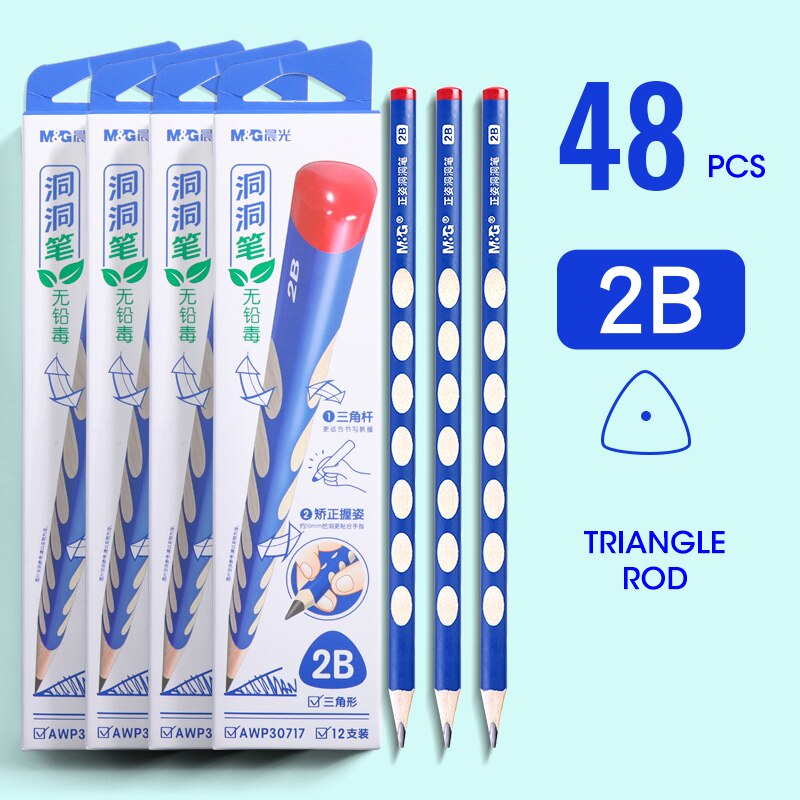M&amp;G 2B Hole Pencil Correction Grip Posture Elementary School Pupils HB Triangle Rod Pencils For Children: 48 Pcs 2B (4 boxes)