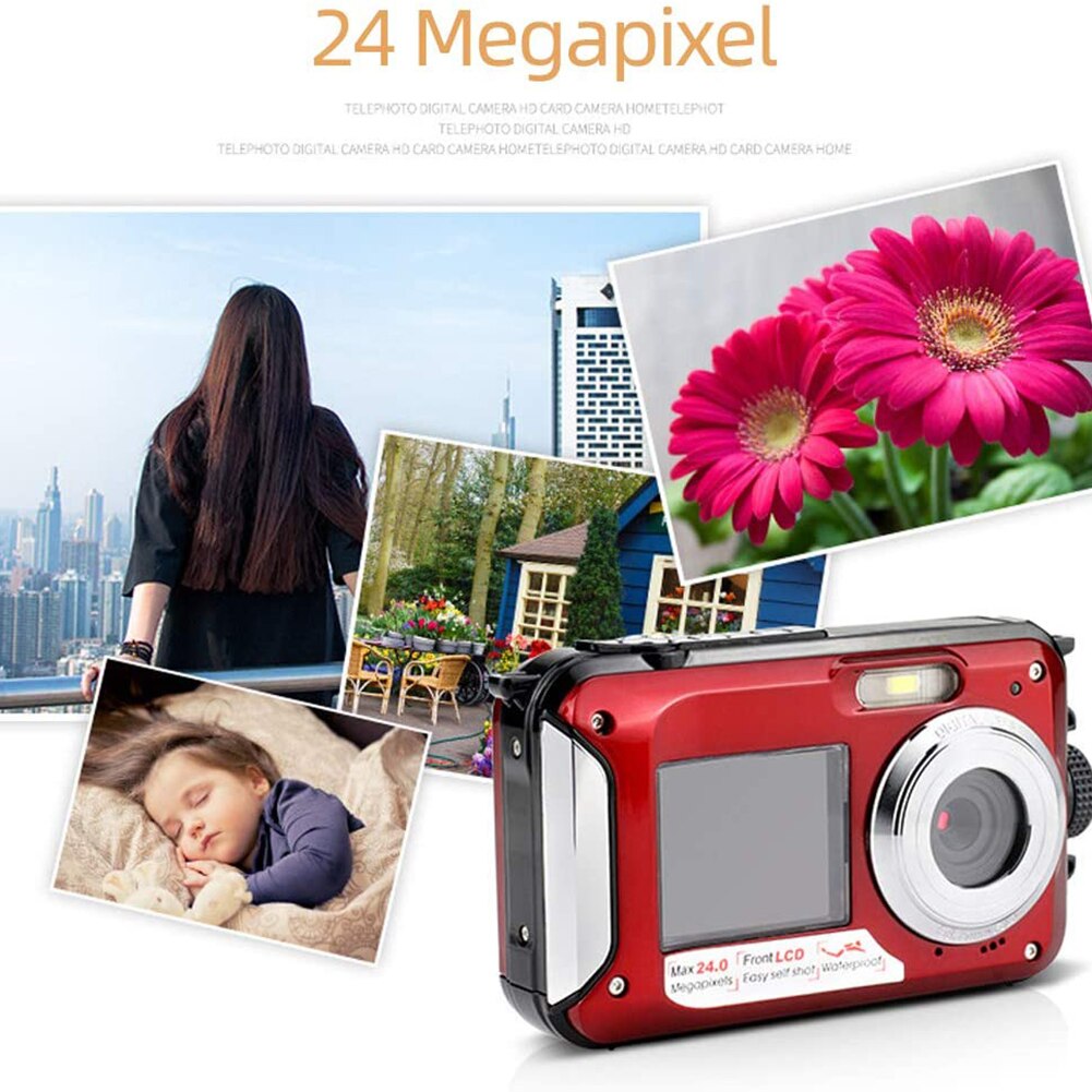Waterproof Digital Camera 1080P HD 2.4MP Dual Screen Selfie Video Recorder for Swimming Underwater DV Recorder