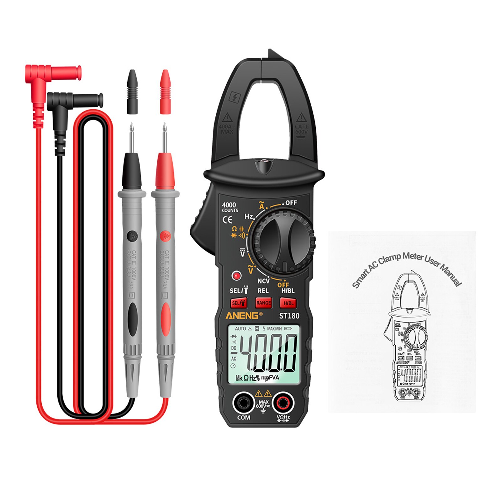 Voltmeter Digital Clamp Meter Auto Ranging AC DC Voltage Capacitance Resistance LCD Display Multimeter Electrical 4000 Counts: black