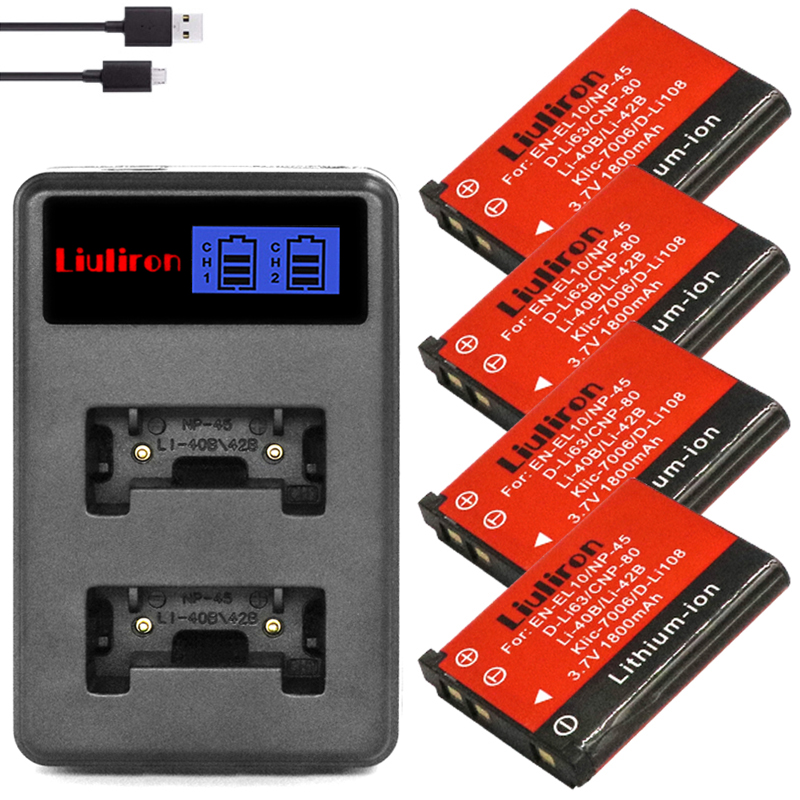 Batería de 1800mAh EN-EL10 EN EL10 LI-42B LI 42B 40B para nikon OLYMPUS U700 U710 FE230 FE340 FE290 FE360: Charger and 4battery